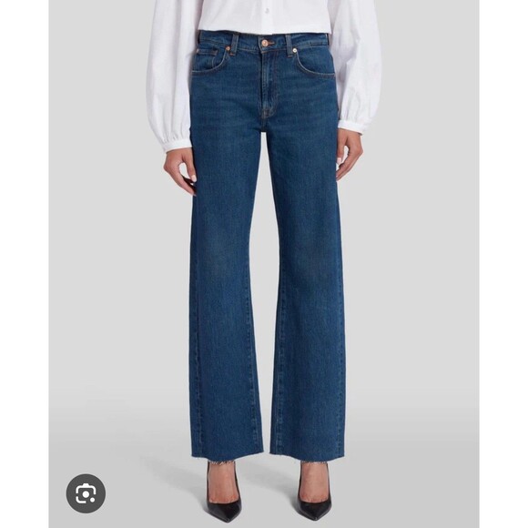 7 For All Mankind Tess Blue Bell Jeans Womens 24 Boho Denim USA Raw Hem 25x32 - Picture 1 of 14